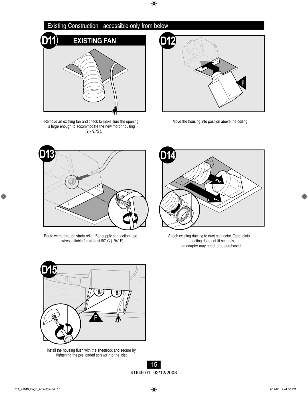 Hunter Fan 41949-01 manual D11, D12, D13, D15, Existing Construction accessible only from below 