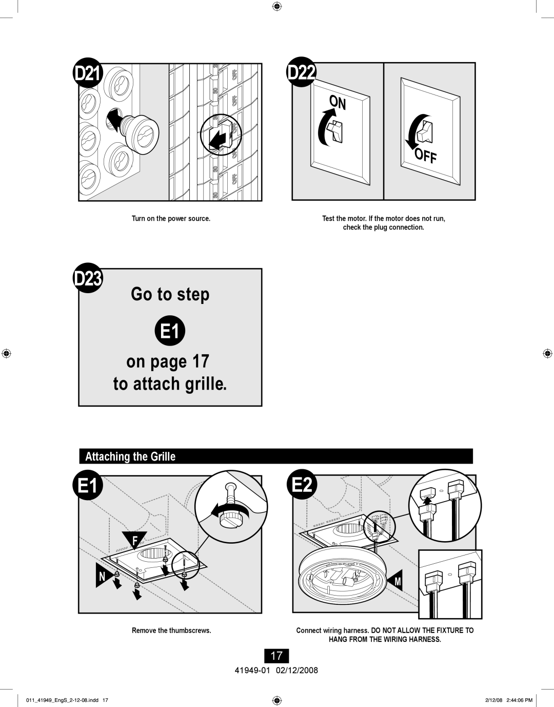 Hunter Fan 41949-01 manual D22, D23, Attaching the Grille 