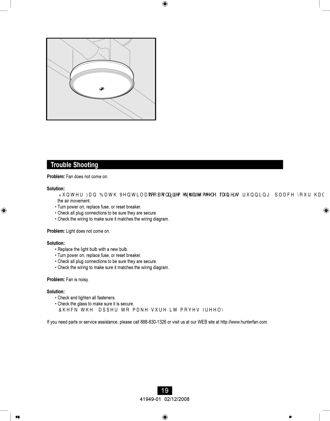 Hunter Fan 41949-01 manual Trouble Shooting, Solution 