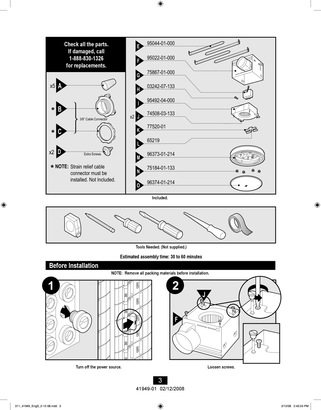 Hunter Fan 41949-01 manual Before Installation, For replacements 