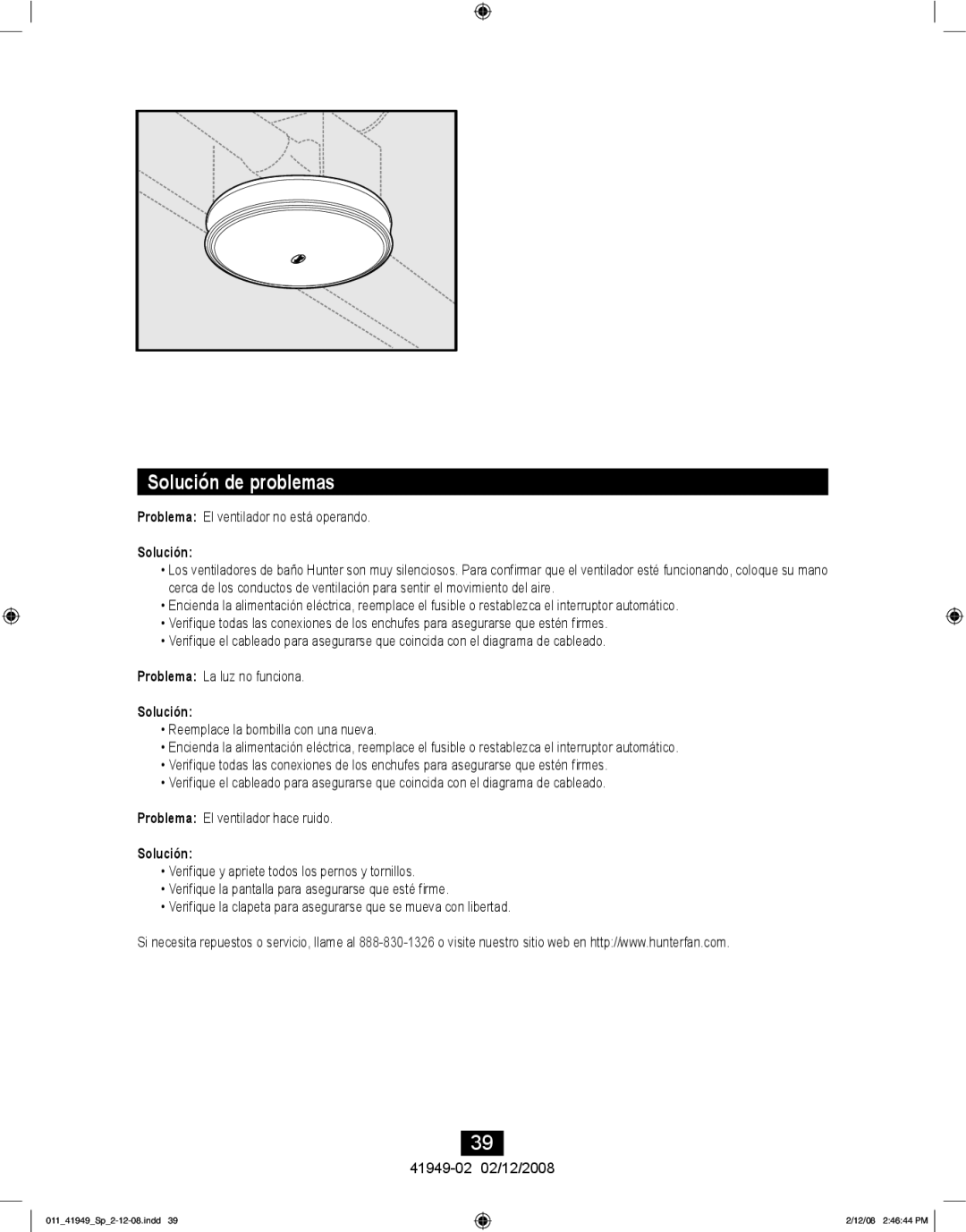 Hunter Fan 41949-01 manual Solución de problemas 