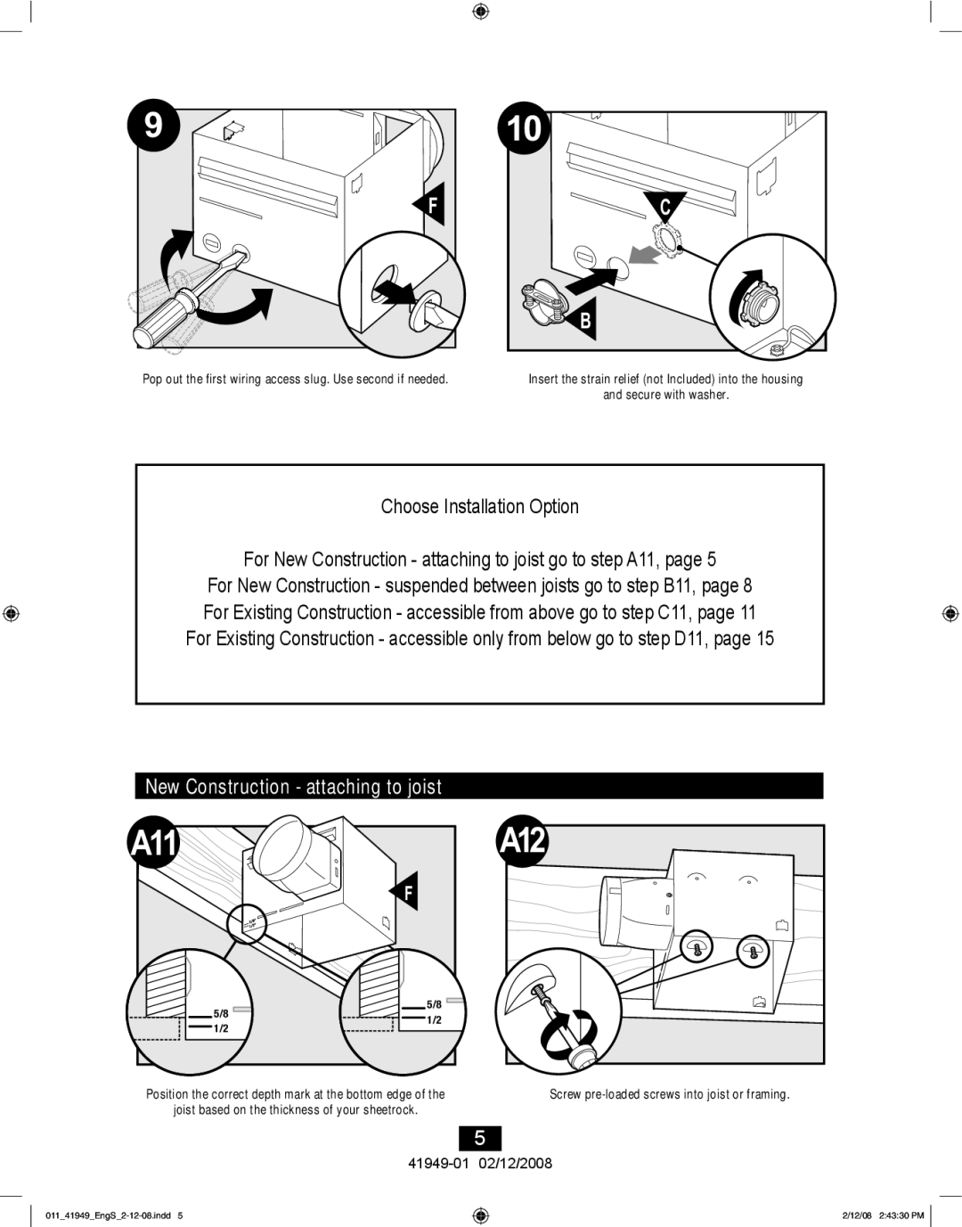 Hunter Fan 41949-01 manual A11, New Construction attaching to joist 