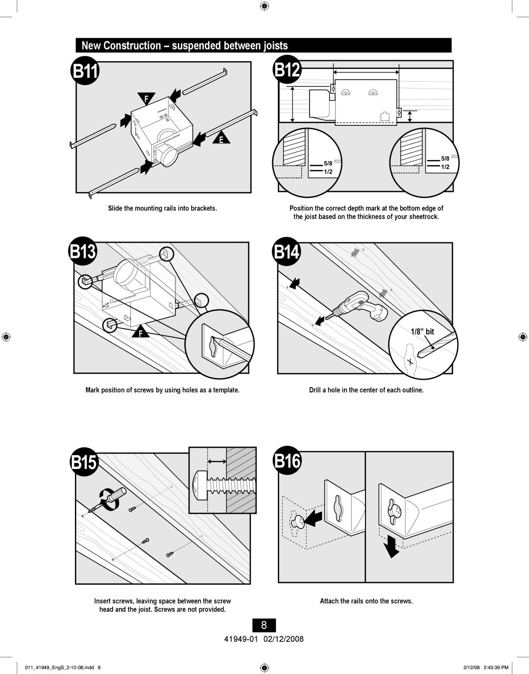 Hunter Fan 41949-01 manual B11, B13, B15, New Construction suspended between joists 