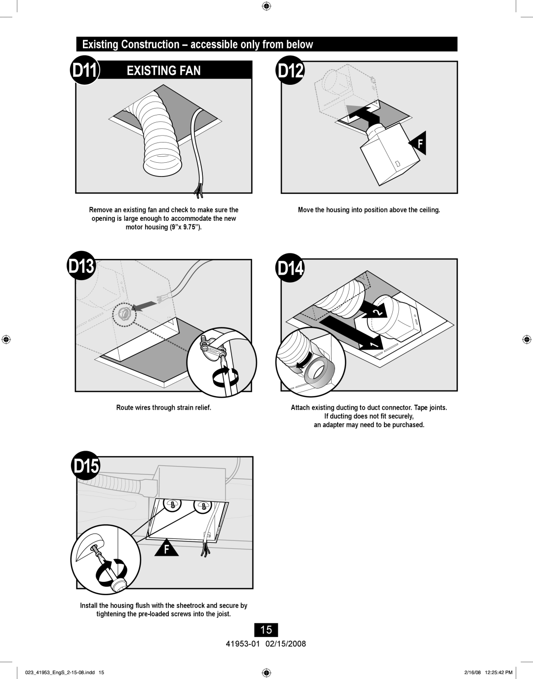 Hunter Fan 41953-01 manual D11, D12, D13, D15, Existing Construction accessible only from below 