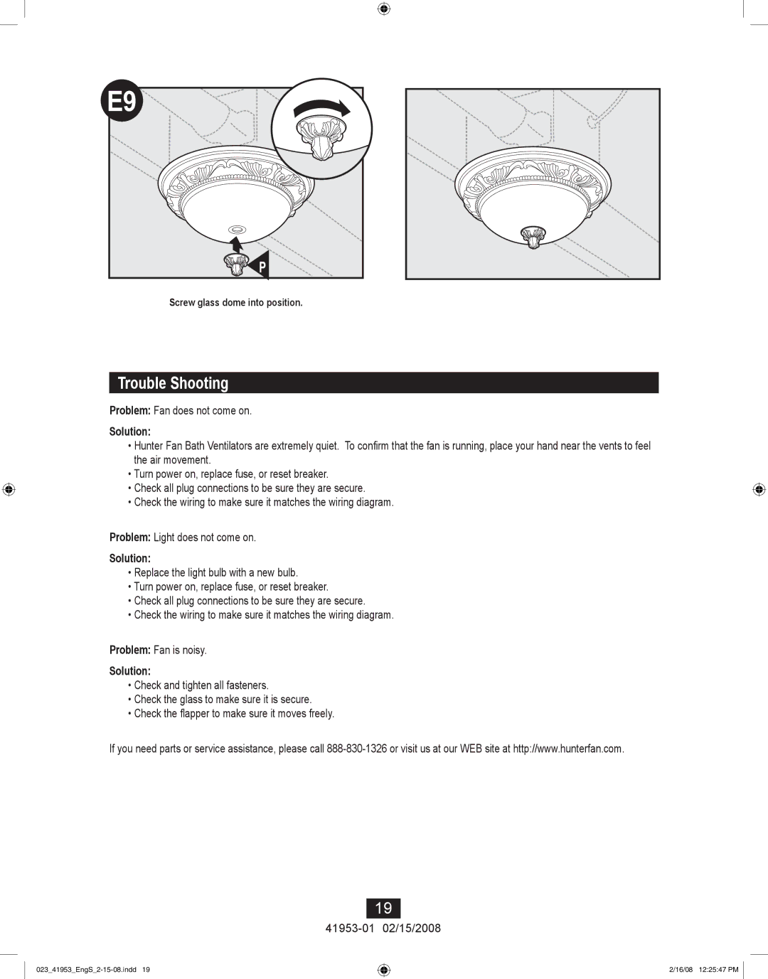 Hunter Fan 41953-01 manual Trouble Shooting, Solution 