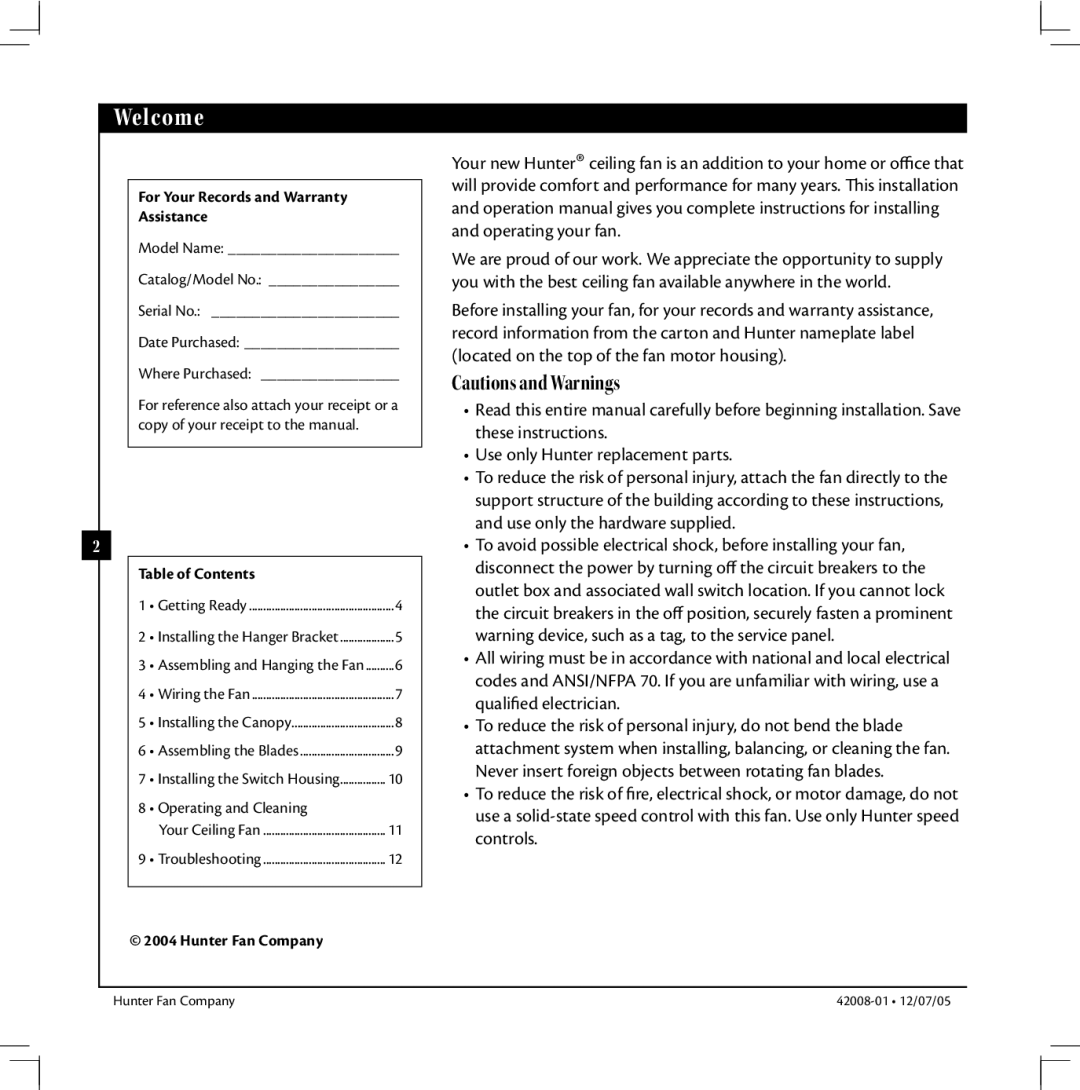 Hunter Fan 42008-01 manual Welcome, For Your Records and Warranty Assistance 