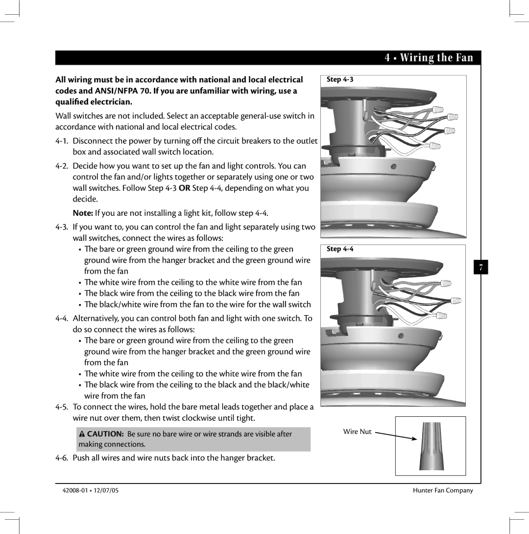 Hunter Fan 42008-01 manual Wiring the Fan 