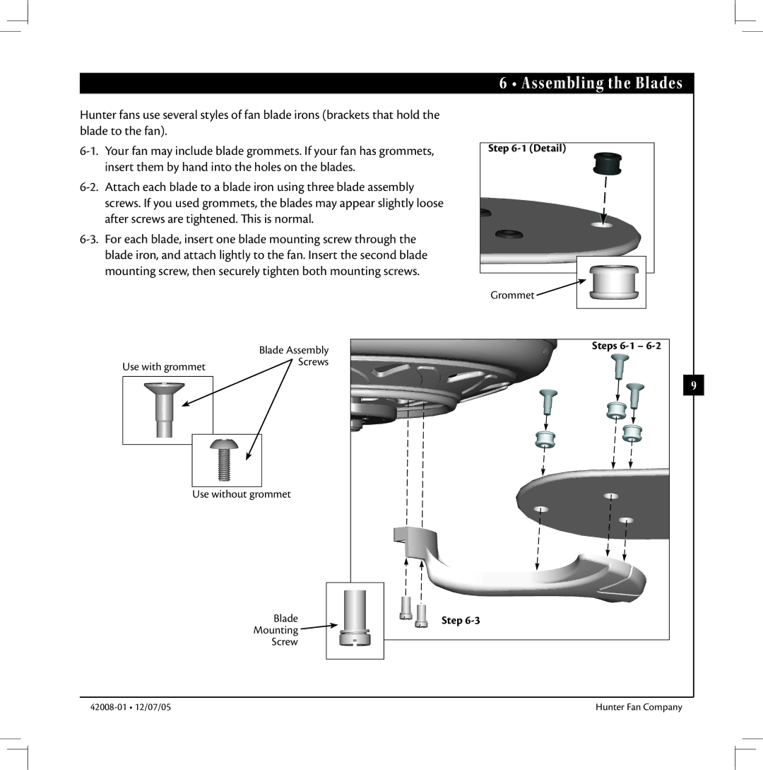 Hunter Fan 42008-01 manual Assembling the Blades 