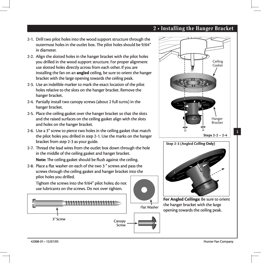Hunter Fan 42008-01 manual Installing the Hanger Bracket, Steps 2-2- -3Angled Ceiling Only 