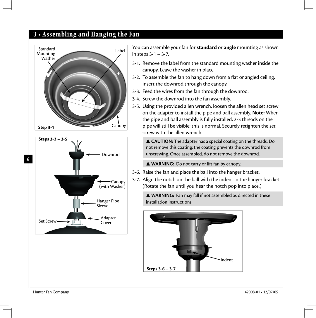 Hunter Fan 42008-01 manual Assembling and Hanging the Fan 