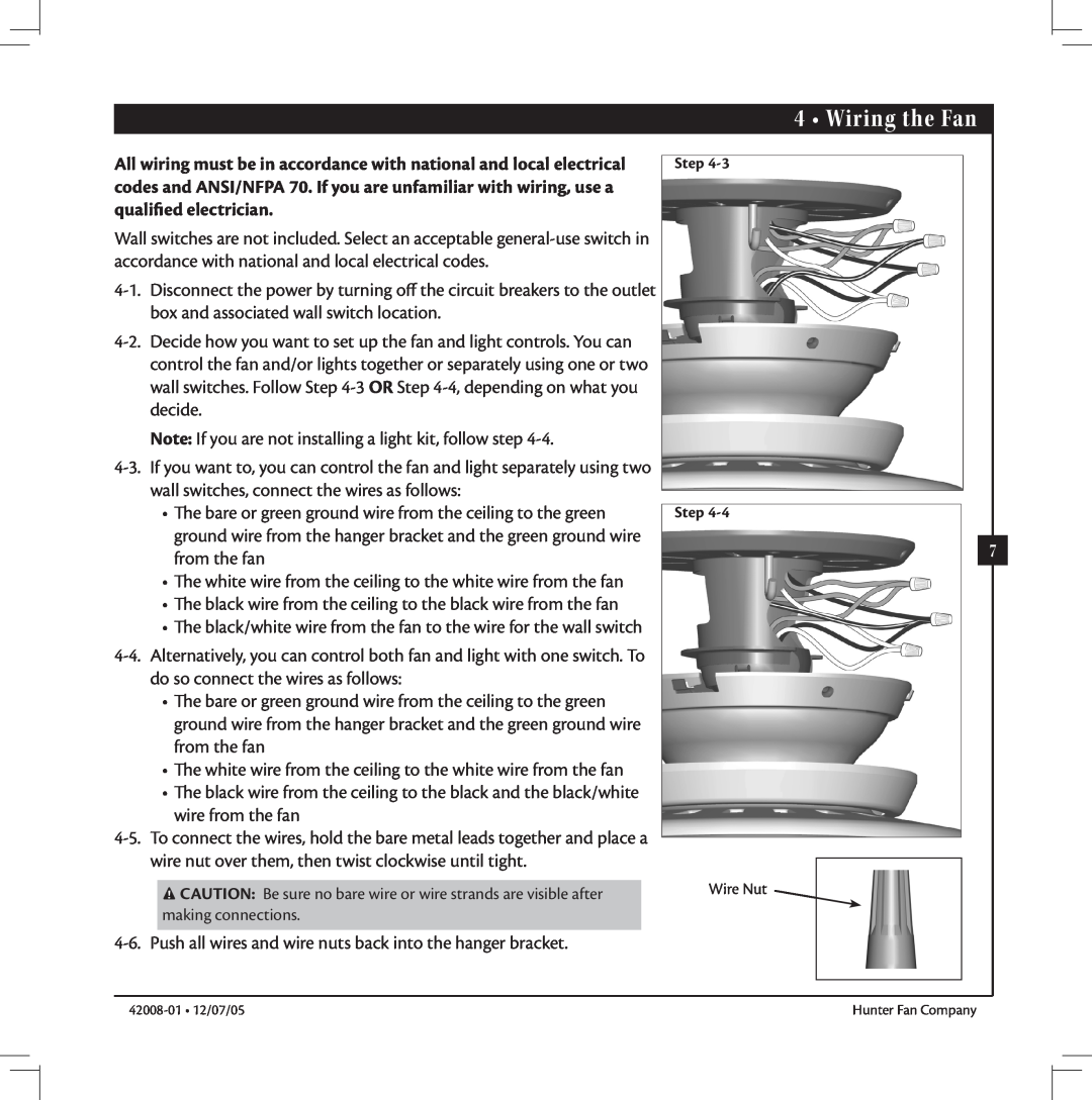 Hunter Fan 42008-01 manual Wiring the Fan, Step Step 