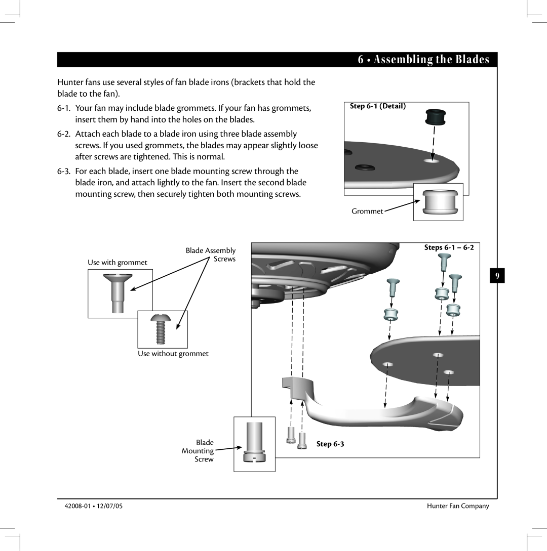 Hunter Fan 42008-01 manual 6 • Assembling the Blades, 1Detail, Steps 