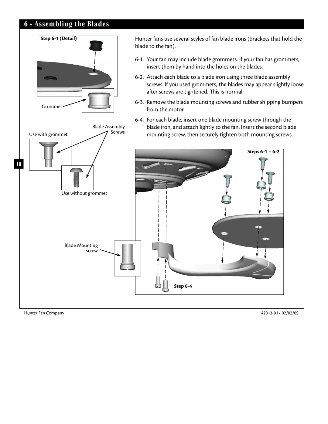 Hunter Fan 42013-01 manual Assembling the Blades, Detail, Steps 6-1 