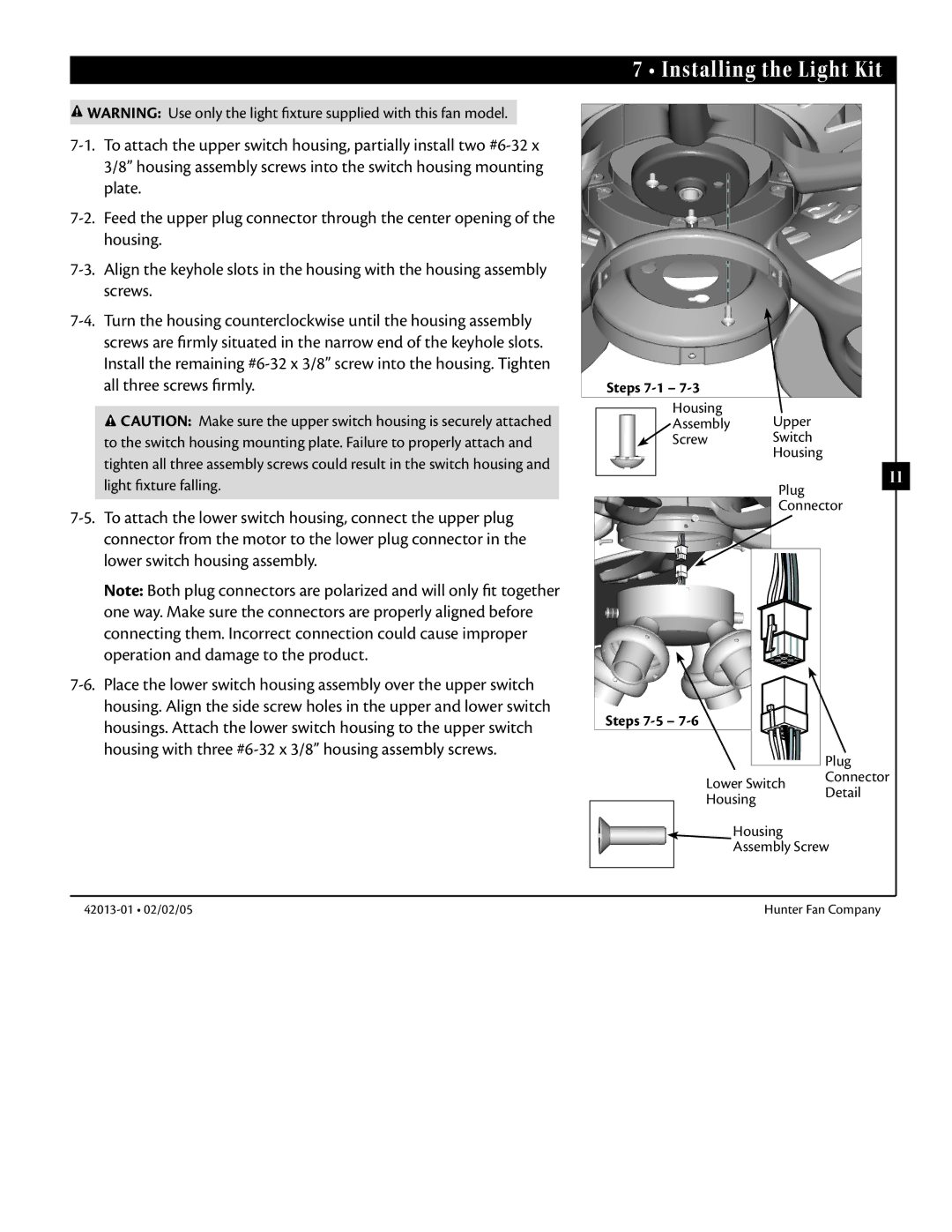 Hunter Fan 42013-01 manual Installing the Light Kit, Steps 7-1, Steps 7-5 