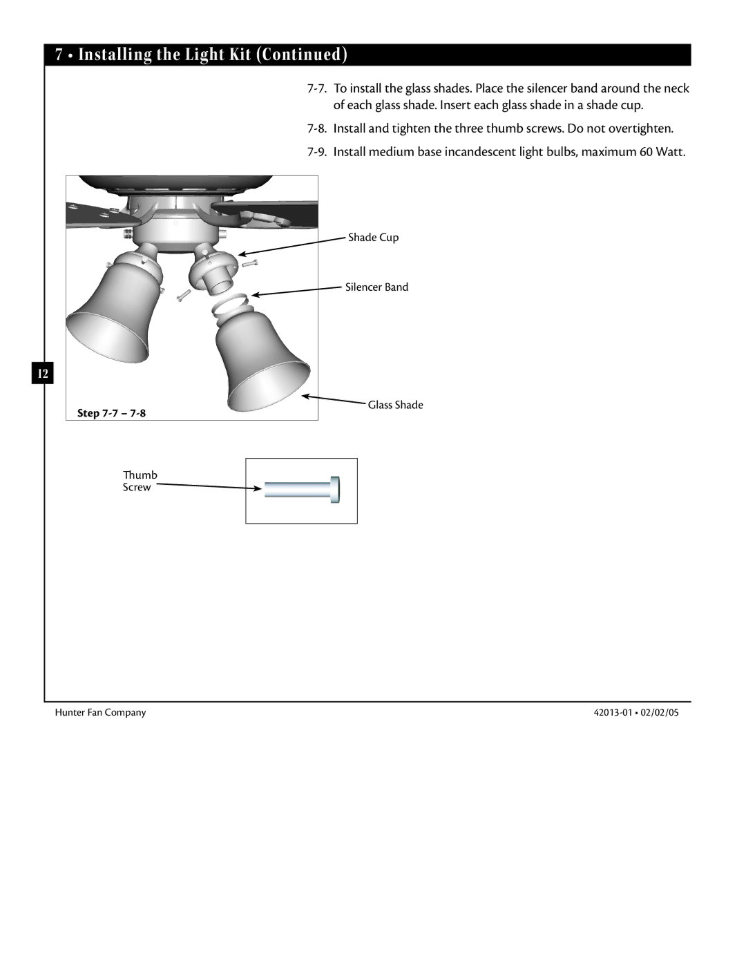 Hunter Fan 42013-01 manual Shade Cup Silencer Band Glass Shade umb Screw 