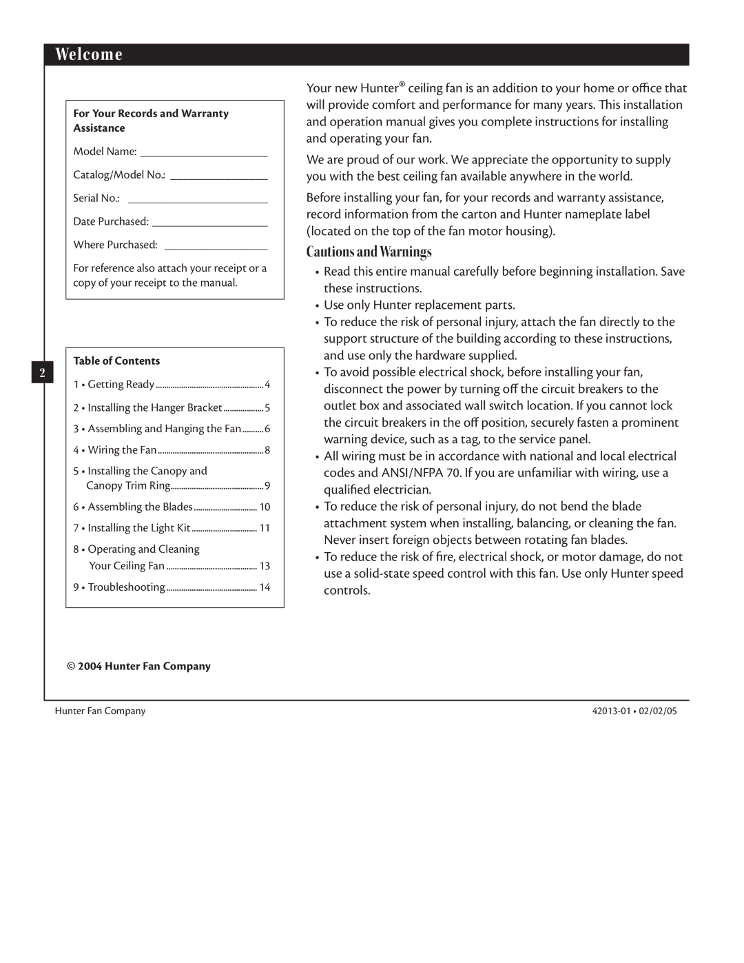 Hunter Fan 42013-01 manual Welcome, For Your Records and Warranty Assistance, Table of Contents, Hunter Fan Company 