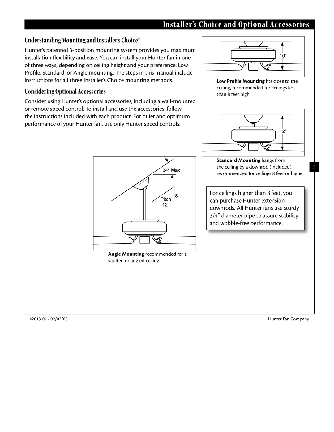 Hunter Fan 42013-01 manual Installer’s Choice and Optional Accessories, Standard Mounting hangs from 