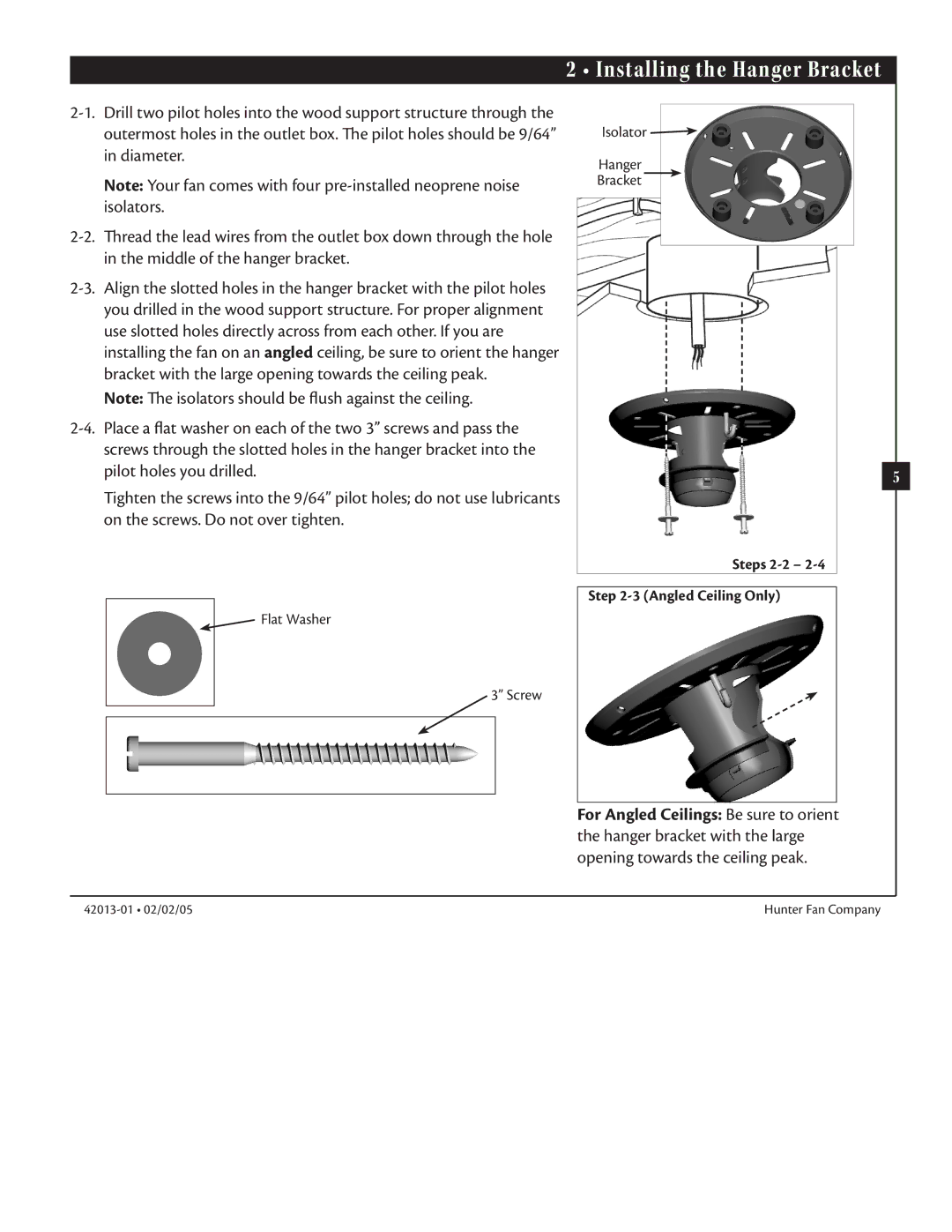 Hunter Fan 42013-01 manual Installing the Hanger Bracket 