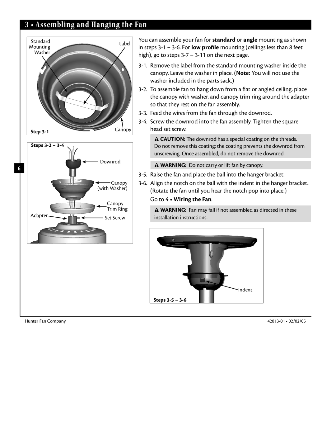 Hunter Fan 42013-01 manual Assembling and Hanging the Fan, Go to 4 Wiring the Fan, Standard, Washer, Steps 3-5 