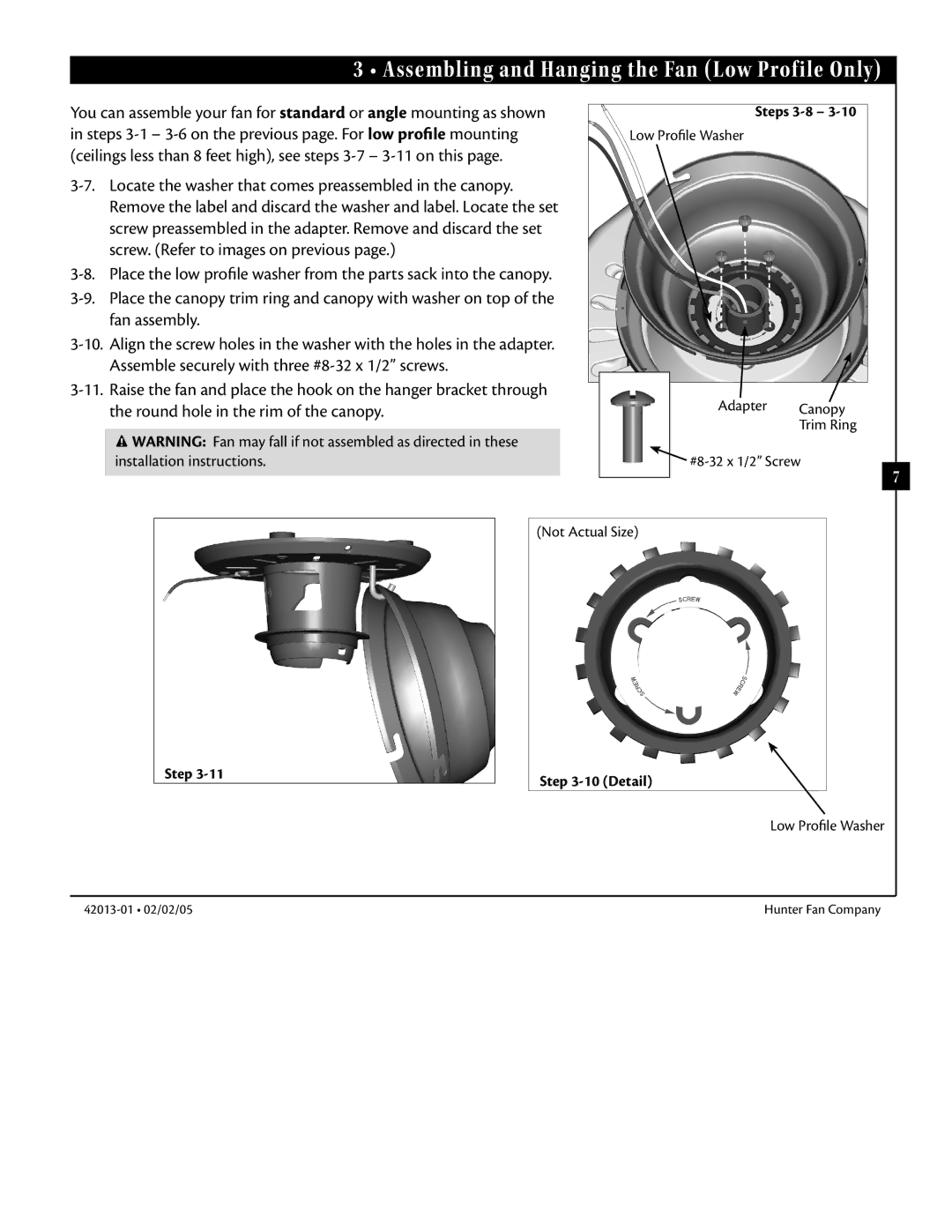 Hunter Fan 42013-01 manual Steps 3-8, Detail 