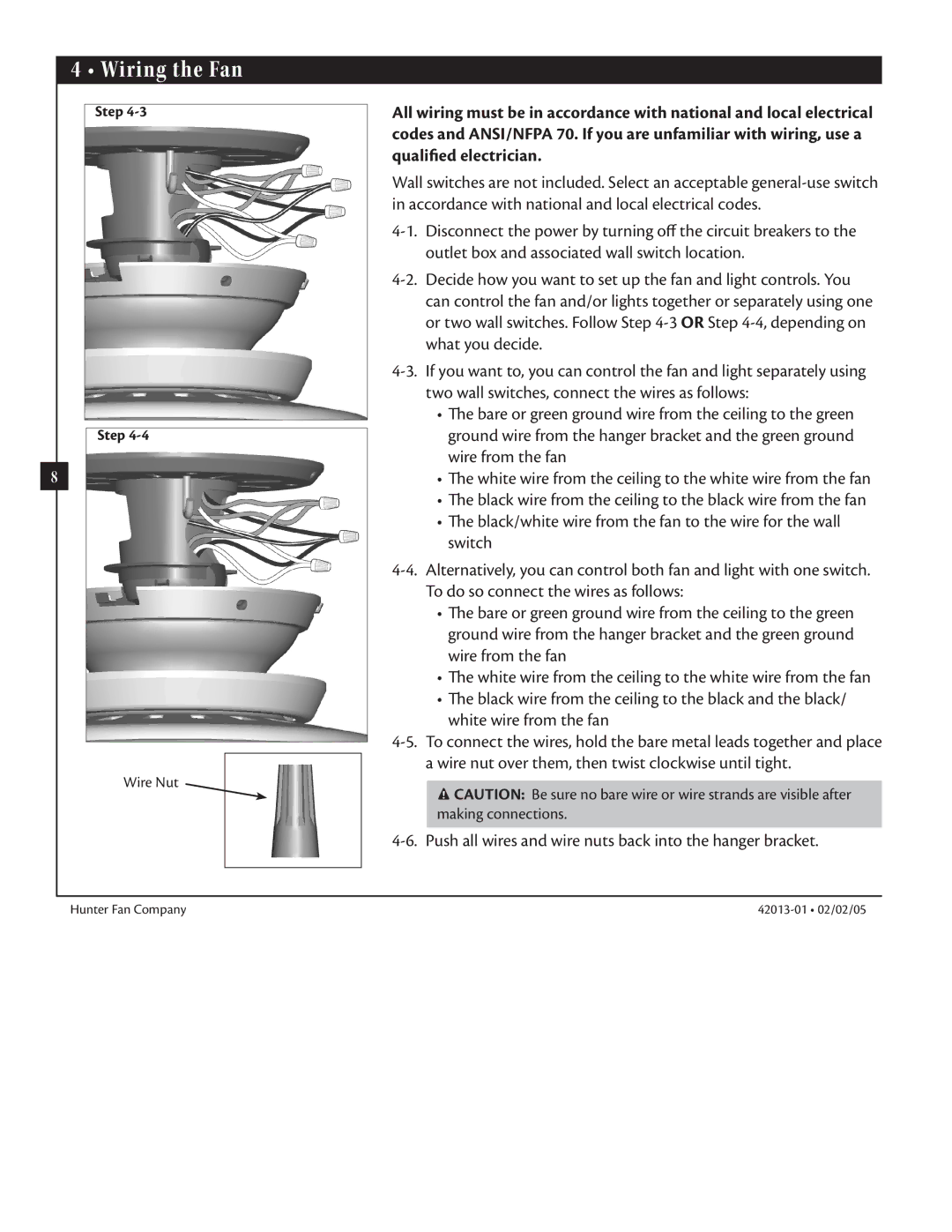 Hunter Fan 42013-01 manual Wiring the Fan, Step 