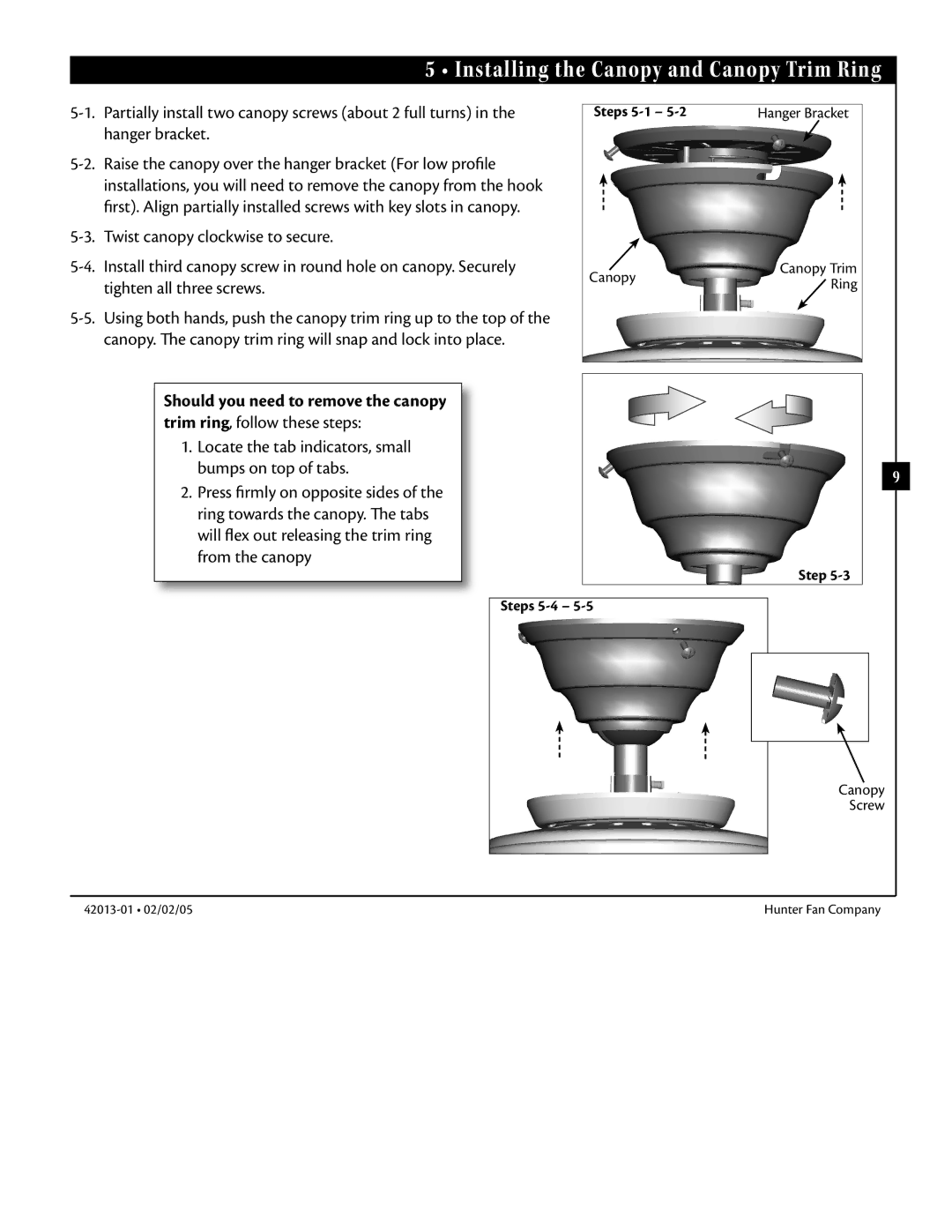 Hunter Fan 42013-01 manual Installing the Canopy and Canopy Trim Ring, Steps 5-1, Step Steps 5-4 