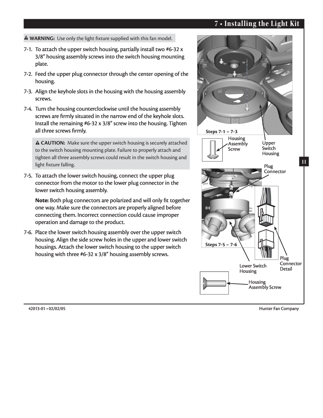 Hunter Fan 42013-01 manual Installing the Light Kit, Steps 