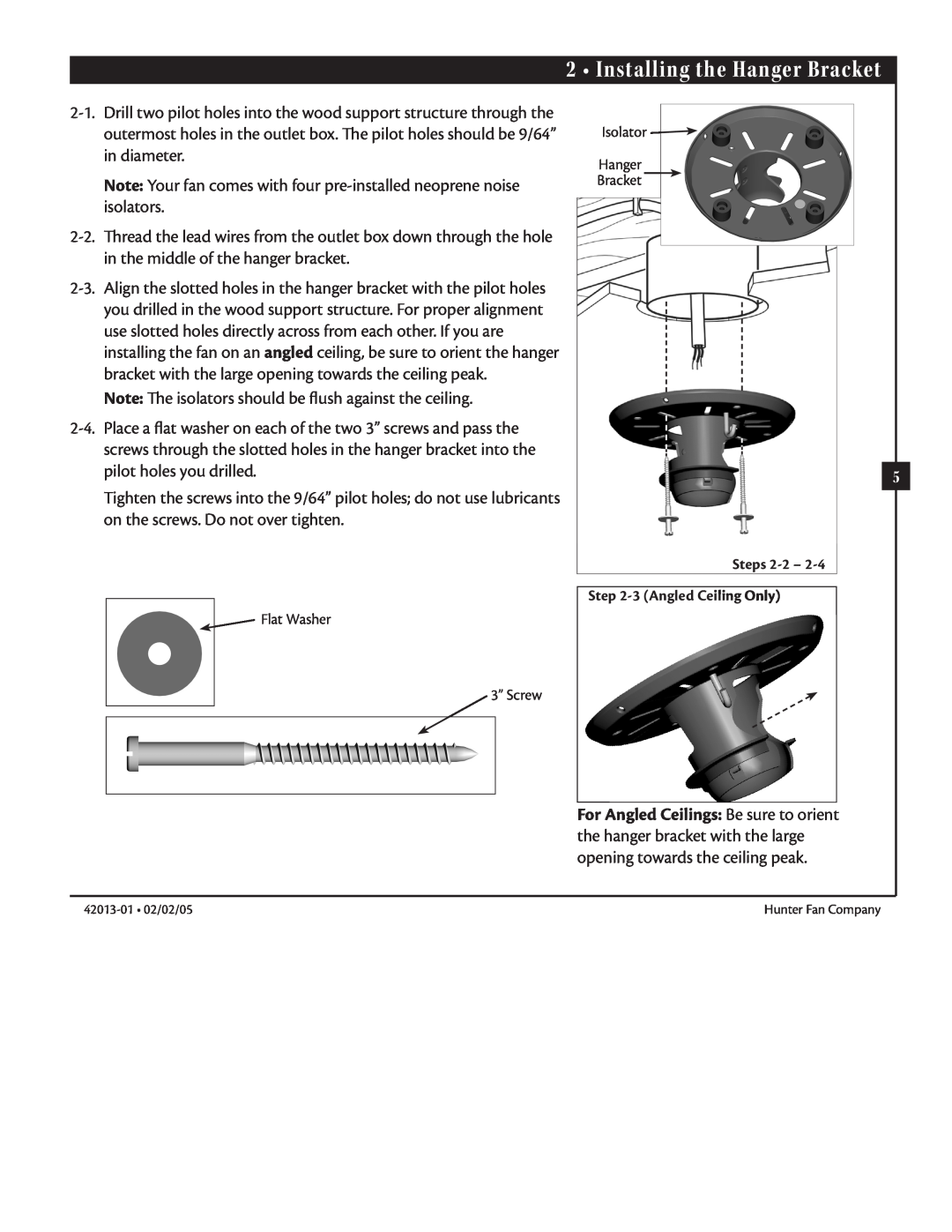 Hunter Fan 42013-01 manual Installing the Hanger Bracket, Steps 2-2- -3Angled Ceiling Only 