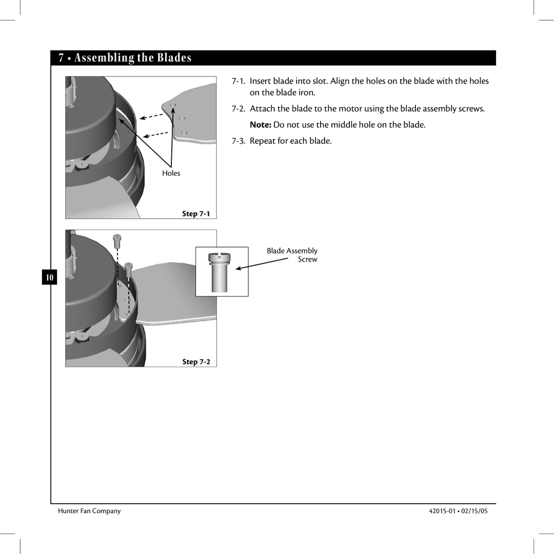 Hunter Fan 42015-01 manual Assembling the Blades 