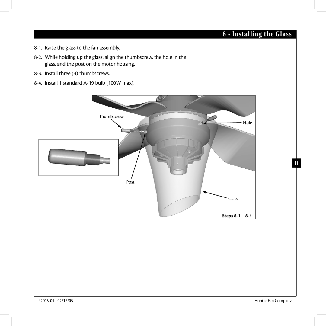 Hunter Fan 42015-01 manual Installing the Glass 