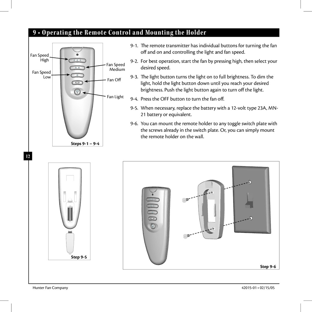 Hunter Fan 42015-01 manual Operating the Remote Control and Mounting the Holder 