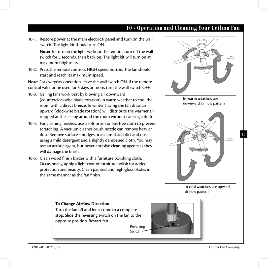 Hunter Fan 42015-01 manual Operating and Cleaning Your Ceiling Fan, To Change Airflow Direction 