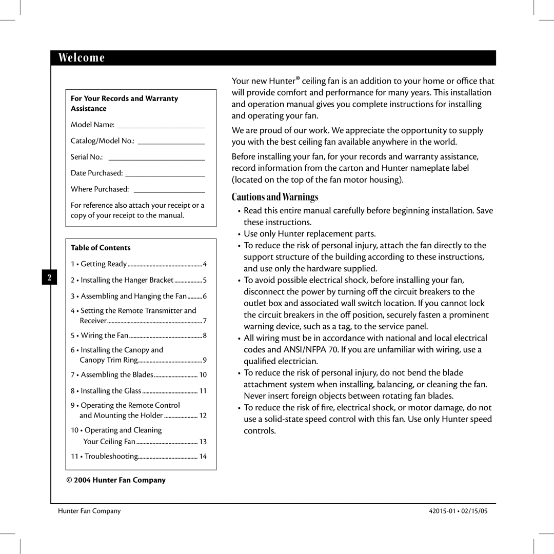 Hunter Fan 42015-01 manual Welcome, For Your Records and Warranty Assistance 