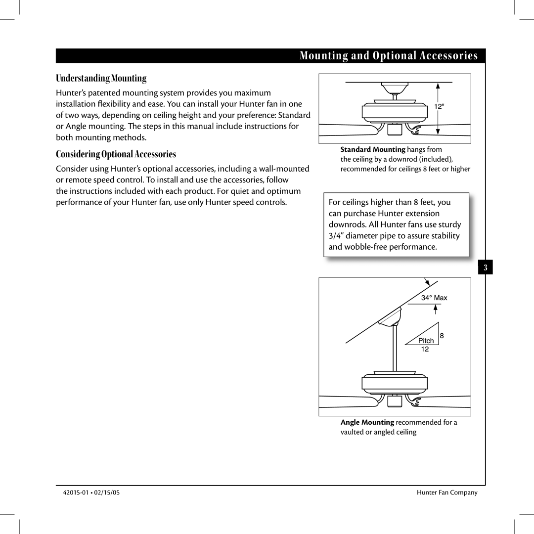 Hunter Fan 42015-01 manual Mounting and Optional Accessories, Understanding Mounting 