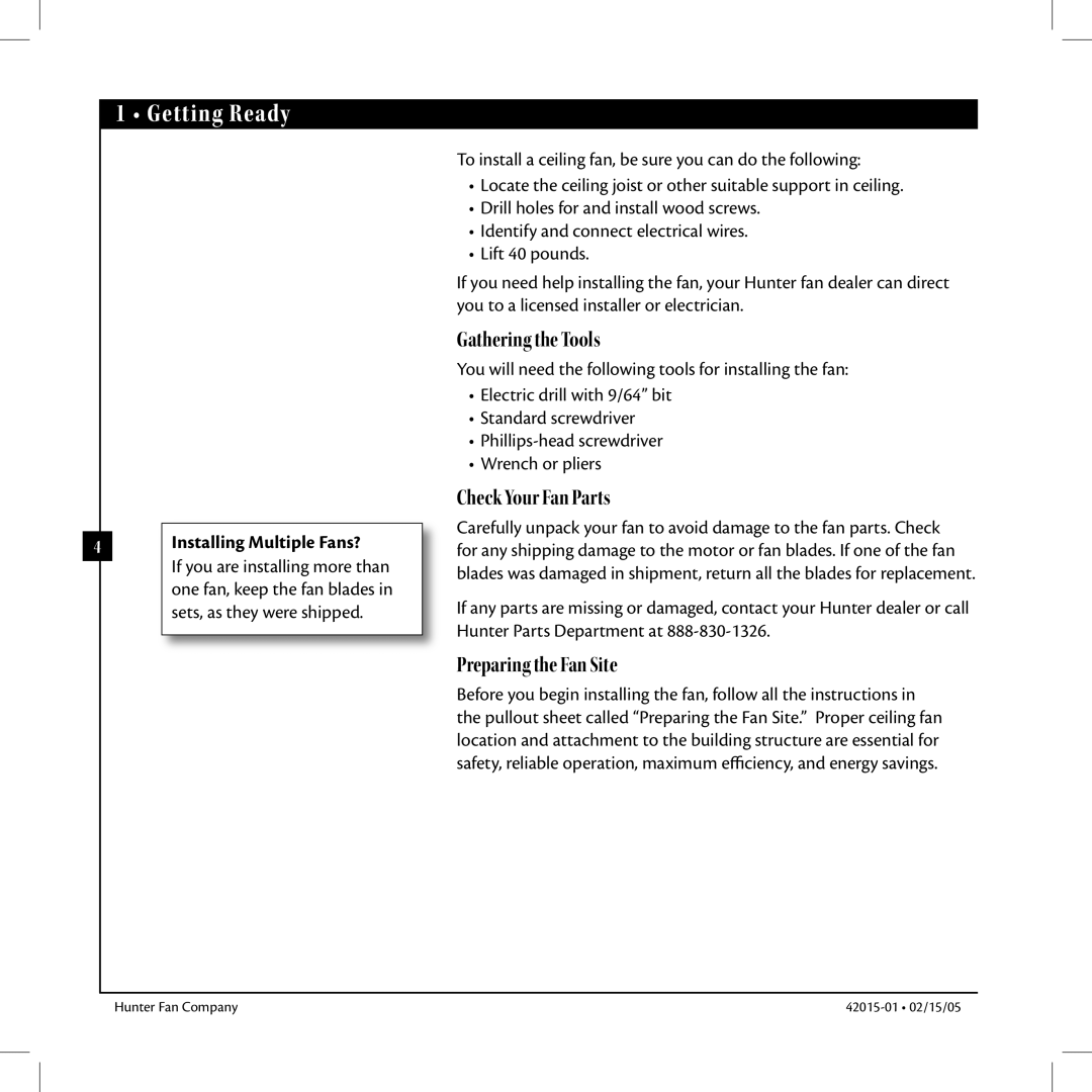 Hunter Fan 42015-01 manual Getting Ready, Installing Multiple Fans? 