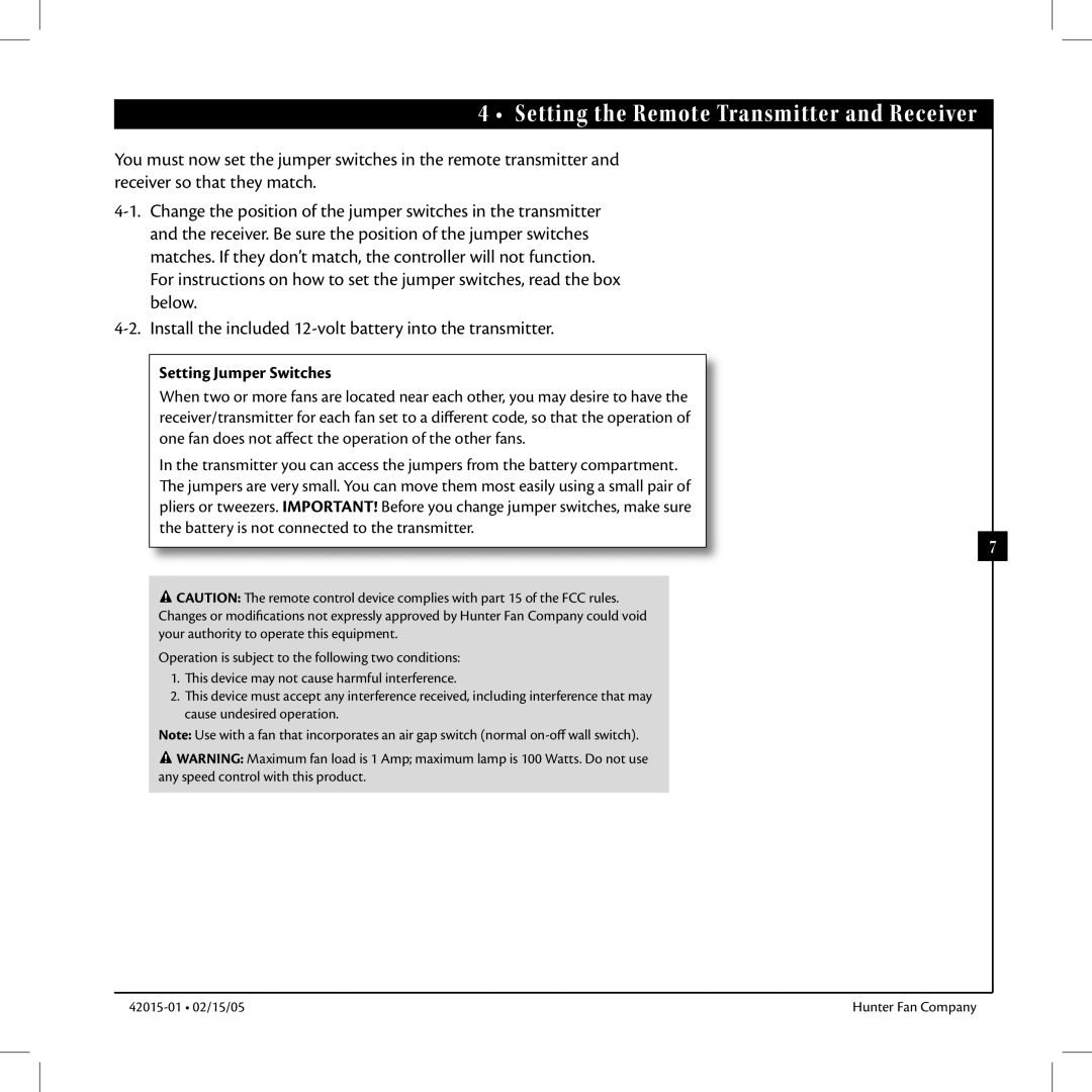 Hunter Fan 42015-01 manual Setting the Remote Transmitter and Receiver, Setting Jumper Switches 