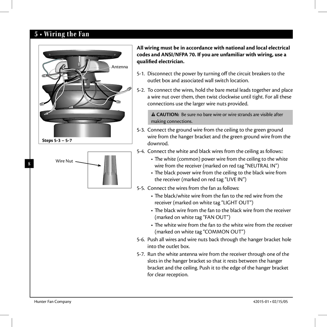 Hunter Fan 42015-01 manual Wiring the Fan 