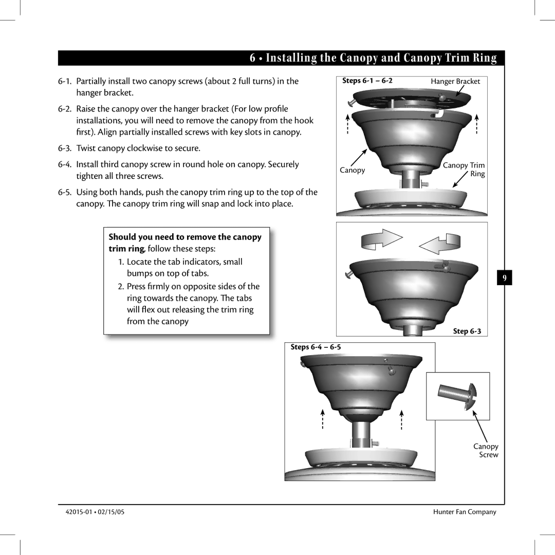 Hunter Fan 42015-01 manual Installing the Canopy and Canopy Trim Ring 