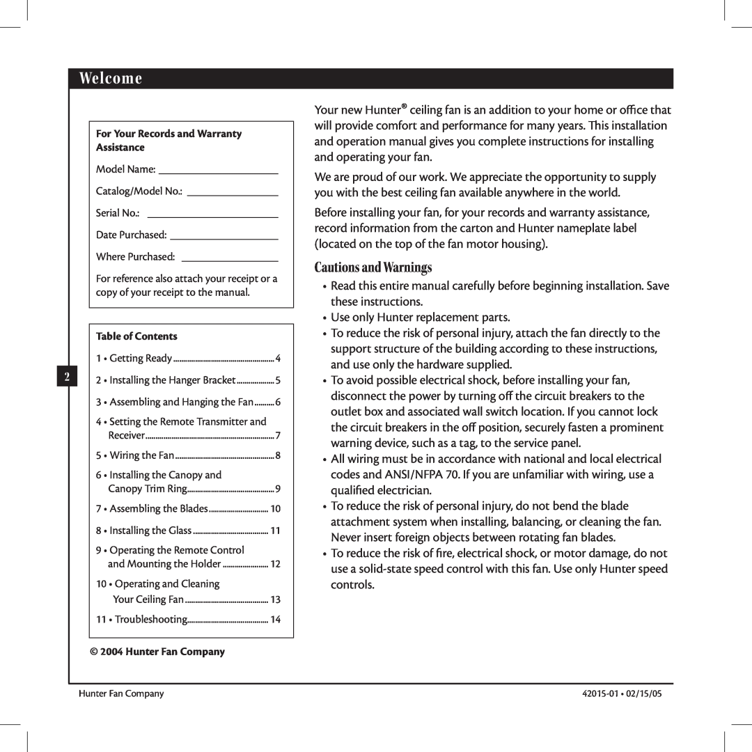 Hunter Fan 42015-01 manual Welcome, Cautions and Warnings 