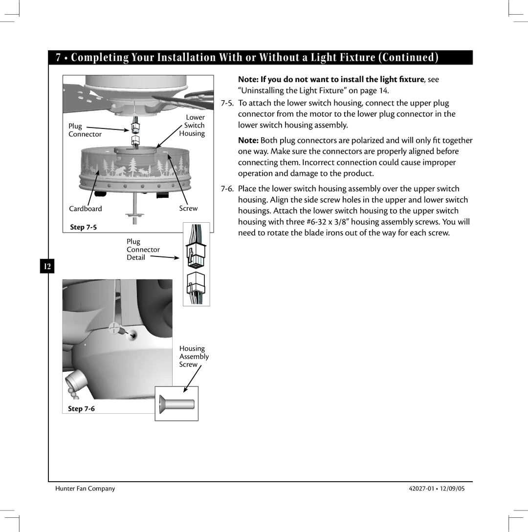 Hunter Fan 42027-01 manual Completing Your Installation With or Without a Light Fixture 