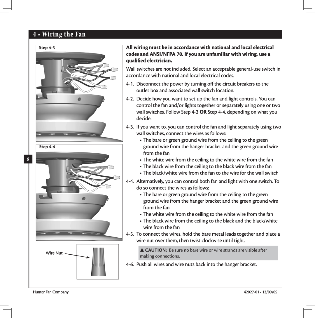 Hunter Fan 42027-01 manual Wiring the Fan, Step Step 
