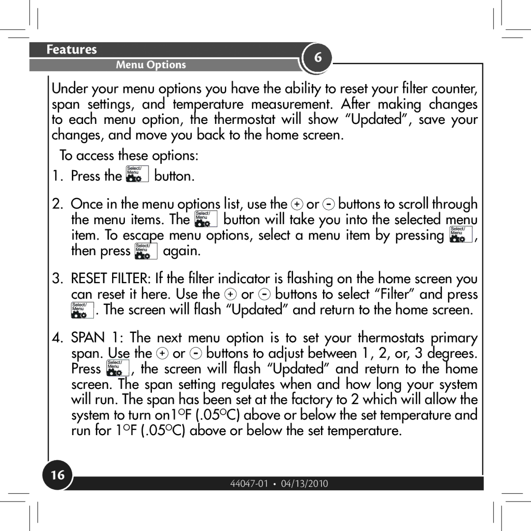 Hunter Fan 42122, 42177 owner manual Menu Options 