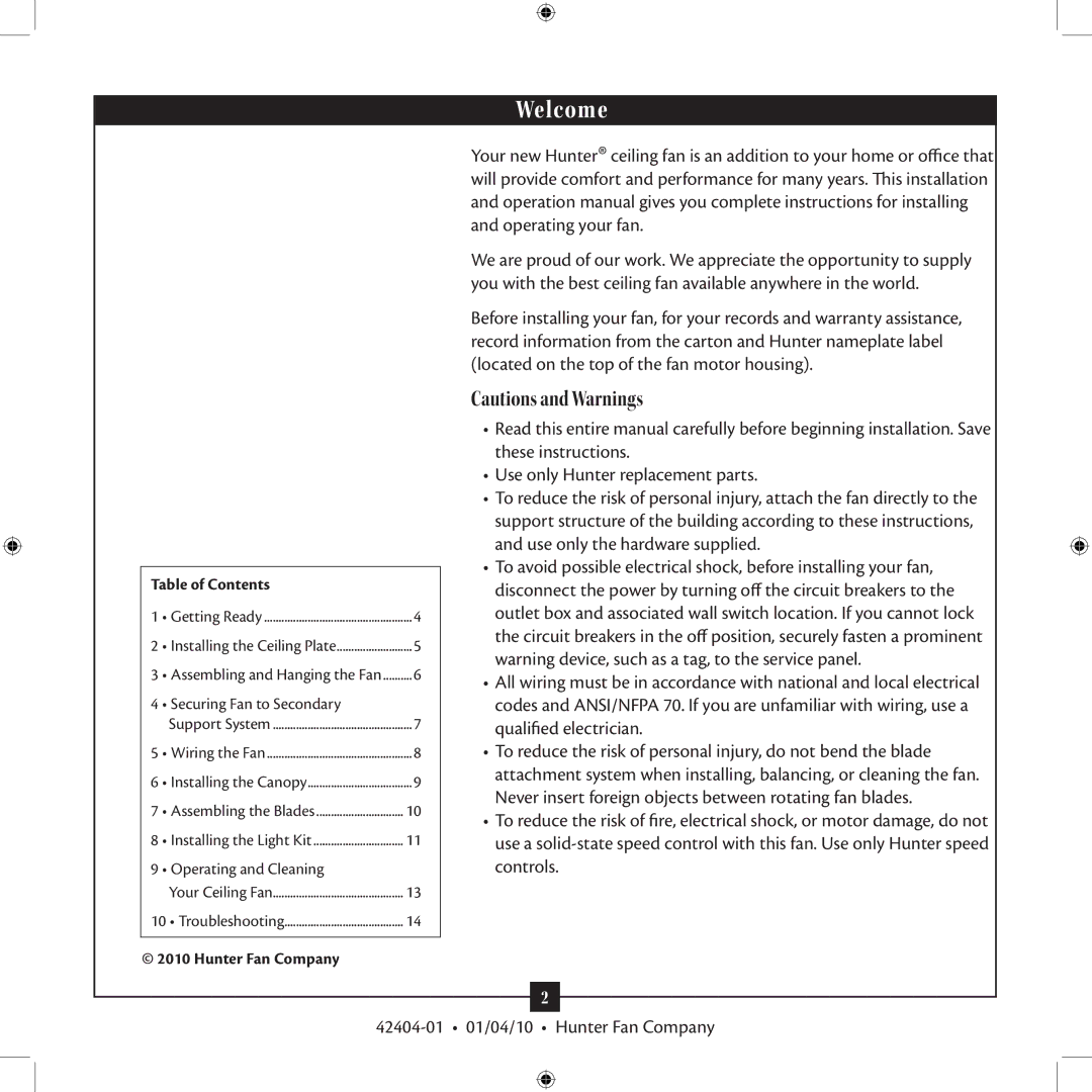 Hunter Fan 42404-01 installation manual Welcome 