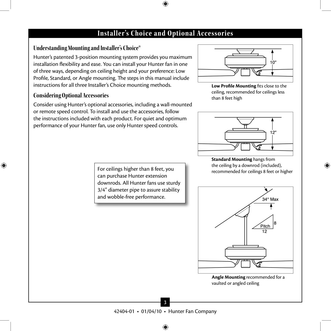 Hunter Fan 42404-01 installation manual Installer’s Choice and Optional Accessories 