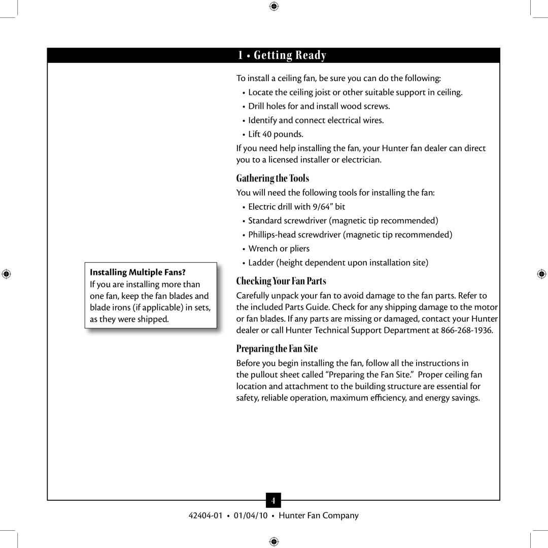 Hunter Fan 42404-01 installation manual Getting Ready, Installing Multiple Fans? 