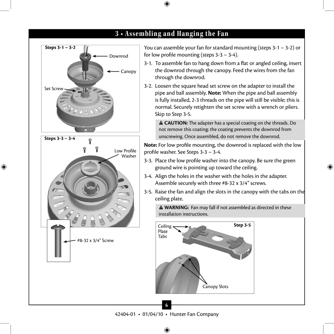 Hunter Fan 42404-01 installation manual Assembling and Hanging the Fan 