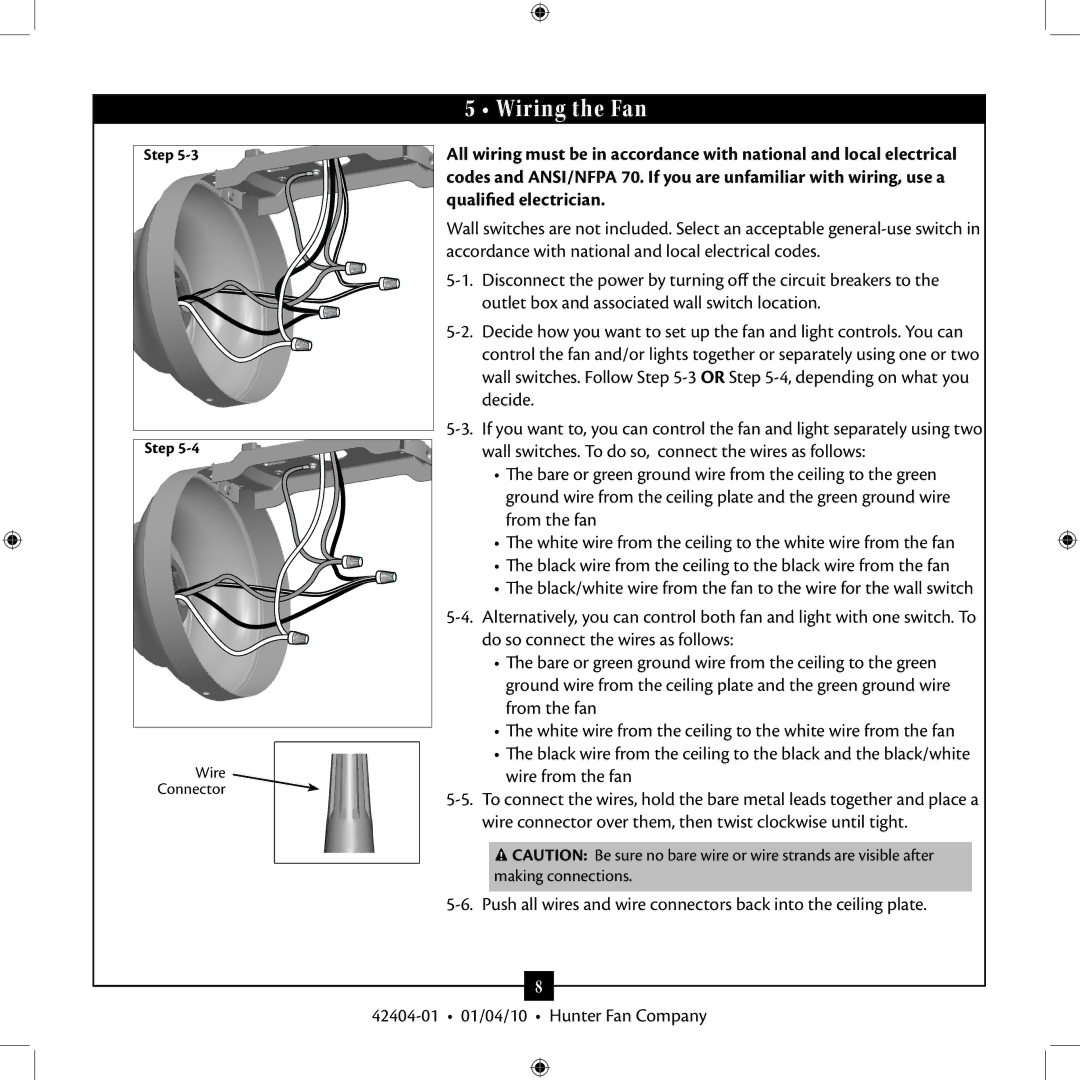 Hunter Fan 42404-01 installation manual Wiring the Fan 