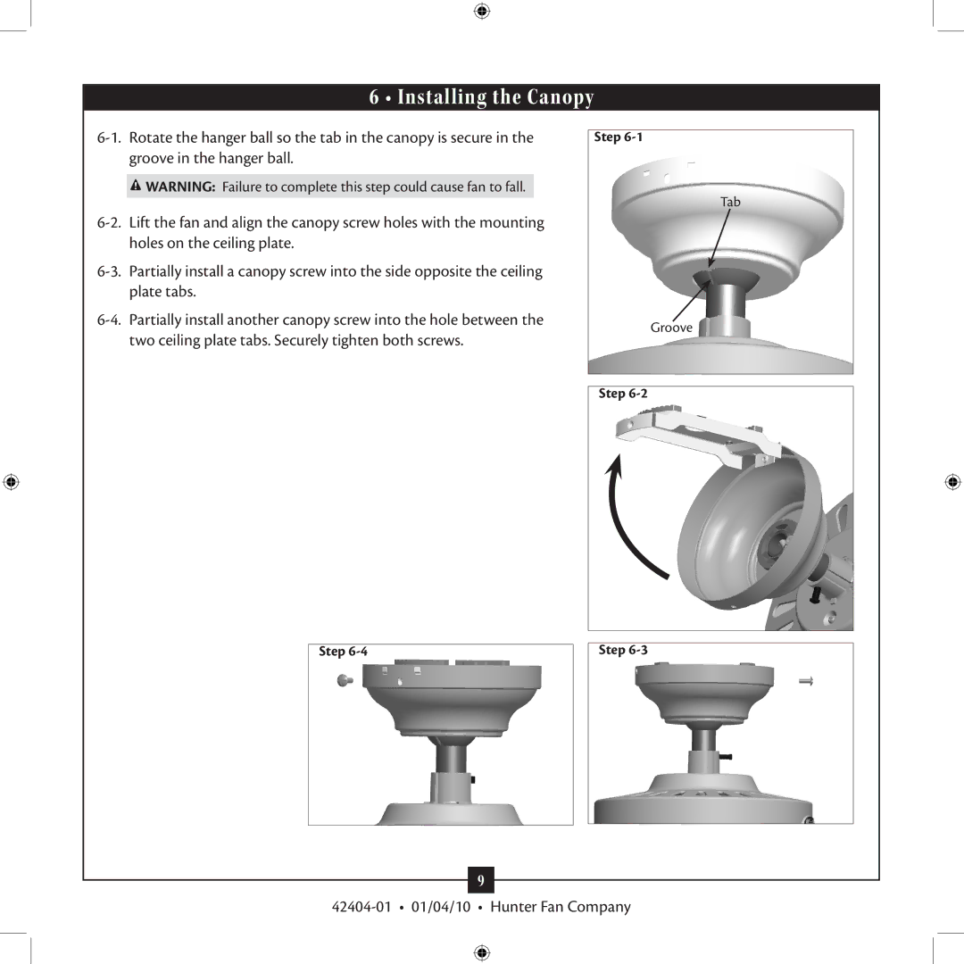 Hunter Fan 42404-01 installation manual Installing the Canopy 