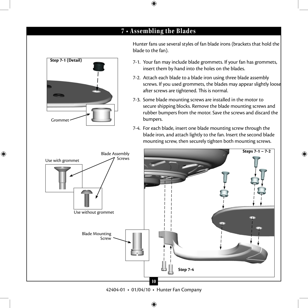 Hunter Fan 42404-01 installation manual Assembling the Blades 