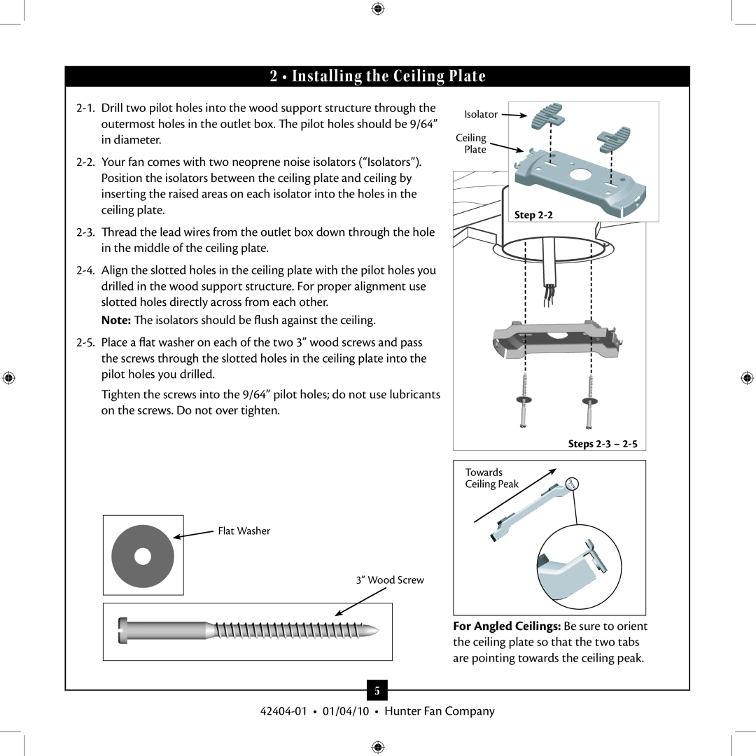 Hunter Fan 42404-01 installation manual Installing the Ceiling Plate 